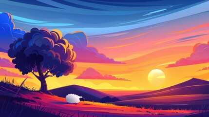 Sticker - A serene sunset scene featuring a shepherd with his flock, vibrant colors and warm textures create a calming aesthetic.