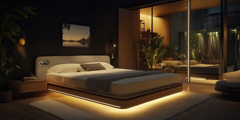 Canvas Print - Modern bedroom with a large bed and warm lighting.