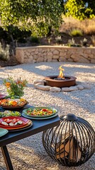 Wall Mural - A table with food set up outside near a fire pit.