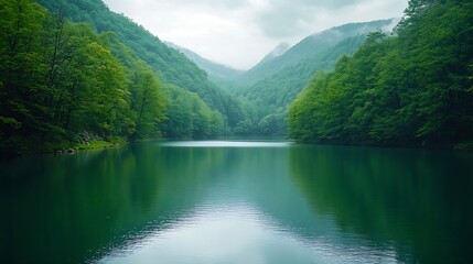 Wall Mural - Lake landscape in green forest Beautiful nature landscape among green mountains lake view and green trees in mountain forest in summer Stunning nature scenery in jungle nature travel i : Generative AI