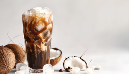 Vegan Iced coffee in tall glass. Black espresso coffee on iced cubes with fresh organic coconut milk in a tall glass on table isolated on white background