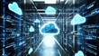© Inkreatif - A row of data servers with glowing blue cloud icons in a server room.