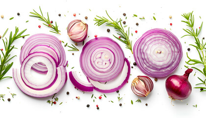 Wall Mural - Sliced red onion rings isolated on white background with clipping path, with herbs and spices