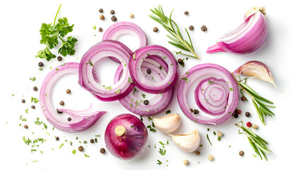 Wall Mural - Sliced red onion rings isolated on white background with clipping path, with herbs and spices