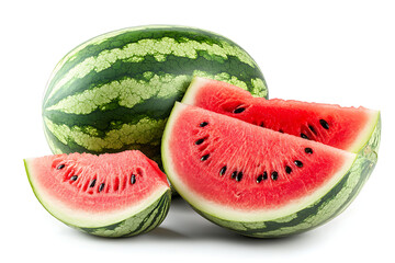 A whole watermelon and sliced pieces showcasing its juicy red interior and black seeds.