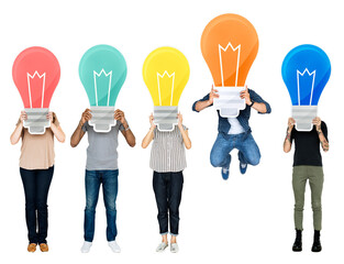 Sticker - People holding bulbs png sticker, transparent background