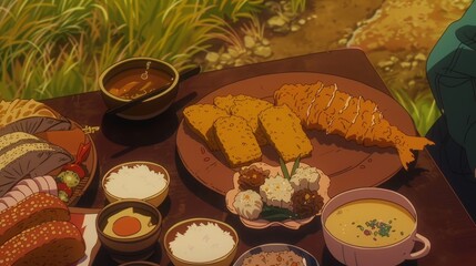 Wall Mural - A Traditional Japanese Feast with Fried Fish and Soup