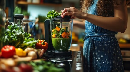 Young girl making green detox cocktail of fresh vegetables and fruits using blender in the kitchen Healthy eating habits Diet and vegetarianism for loosing weight and keep body fit : Generative AI