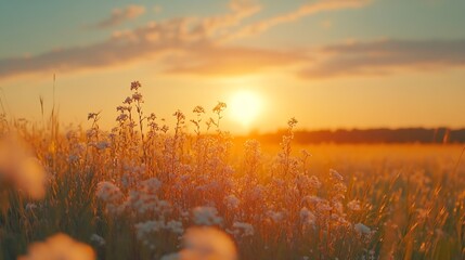 Wall Mural - beautiful natural panoramic countryside landscape blooming wild high grass in nature at sunset warm 