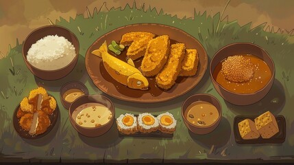 A Feast of Fried Fish and Side Dishes on a Green Mat