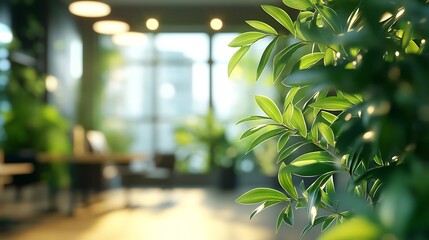 Poster - Blurred Interior Modern Office Working Space With Green Scenery : Generative AI