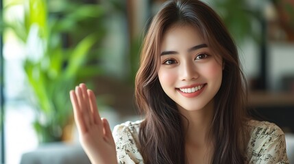 Happy attractive asian young woman smile and open hand palm to copy space at home Cheerful pretty girl wear casual dress open palm to empty space for mockup to display product : Generative AI