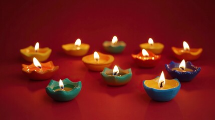 Wall Mural - Happy Diwali - Clay Diya lamps lit during Diwali, Hindu festival of lights celebration. Colorful traditional oil lamp diya on red background.generative ai