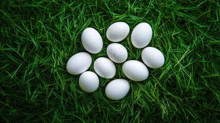 White eggs on green grass, Easter theme, holiday decoration, springtime, natural colors