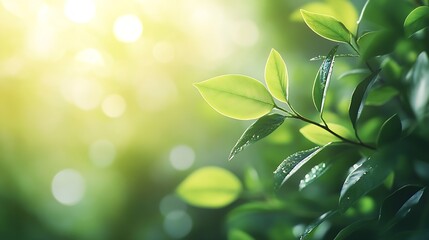 Poster - Beautiful nature view of green leaf on blurred greenery background in garden and sunlight with copy space using as background natural green plants landscape ecology fresh wallpaper con : Generative AI