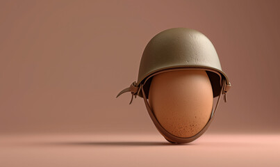 Surreal concept of an egg wearing a military helmet, symbolizing vulnerability and protection in a minimalist, humorous style