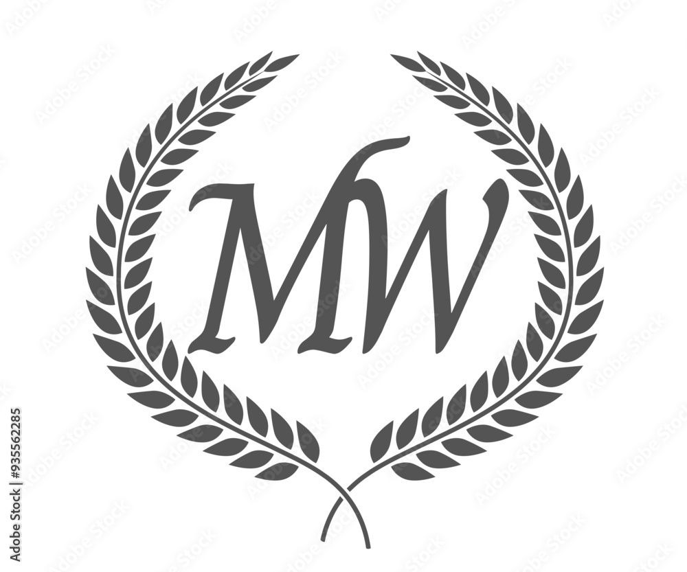 M W Initial Initial letter M and W, MW monogram logo design with laurel wreath ...