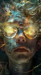 Poster - Surreal Portrait with Glowing Eyes and Abstract Background