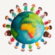 © AucArtStudio - watercolor illustration of diverse children holding hands around a colorful earth globe representing global unity and friendship.