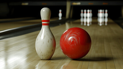 Wall Mural - Bowling pin with rolling ball on black background