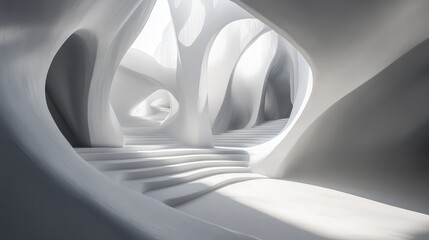 Poster - Abstract White Interior with Curved Walls and Staircase, 3D Rendering, Modern Architecture, Minimalism, Abstract Art