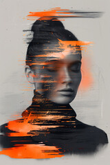 Wall Mural - A woman's face is blurred and distorted, with orange streaks and splatters