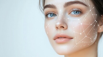 Wall Mural - A young woman with striking blue eyes displays a serene expression, while digital lines and points are artistically arranged on her face in a well-lit environment.