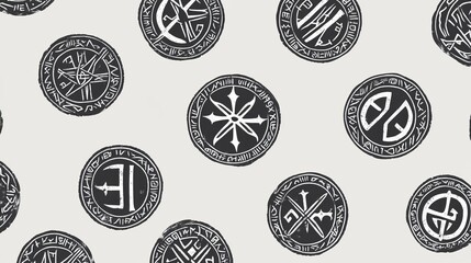 black and white circular seal pattern, seamless pattern , circle pattern , rune , ancient symbol