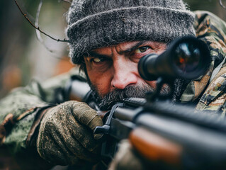 Wall Mural - A man with a beard and a hat is holding a rifle