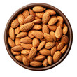 © id512 - top view of a wooden bowl filled with whole almonds isolated on transparent background, clipping path, cut out, png