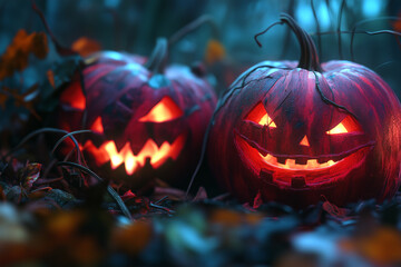 Halloween dark forest with light pumpkin decorations, forest in the night