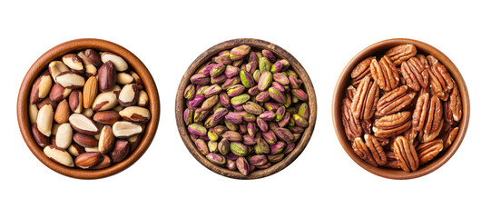 Wall Mural - top view set of bowls with mixed nuts pistachios pecans isolated on transparent background, cut out, clipping path, PNG