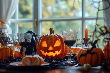 Halloween table with pumpkin decorations, luxury, wide windows background