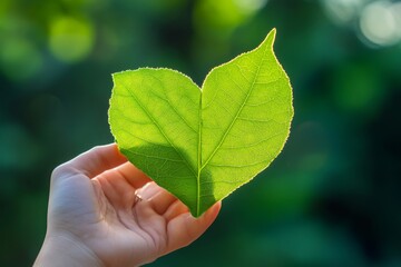 Sustainable energy symbolism  hand holding green leaf heart on chest, environmental care concept