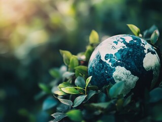 Wall Mural - Global sustainability  earth globe surrounded by lush green leaves in photography shot