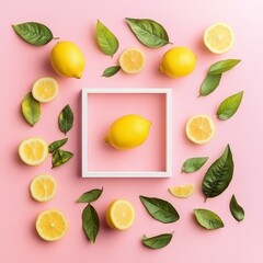 Poster - Lemon and Leaf Composition with White Frame, Pink Background, Minimalist, Food, Photography, Flat Lay, Summer