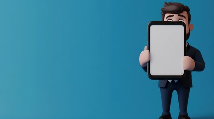 3D character close up portrait of a white man in a business suit, holding a large smartphone displaying a blank screen, on a blue gradient backdrop, copy space, cute cartoon style, ad promo