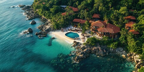 Wall Mural - Tropical resort nestled on a rocky coast.