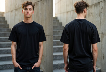 Front and back view of a male model wearing a black t-shirt. A mockup in an outdoor setting in front of a concrete wall and staircase.