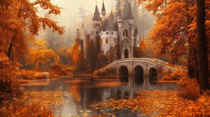 Wall Mural - A castle in the distance surrounded by trees and water, AI