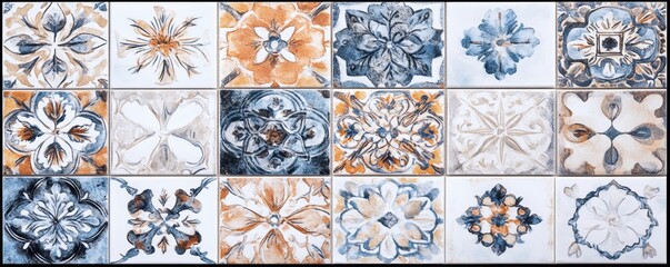 Wall Mural - Vintage Floral Tile Mosaic Blue and Orange, Patterned Ceramic Tile, 4x4 Grid, White Background, Tile Design, Tile Art, Mosaic Tile