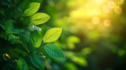 Beautiful nature view of green leaf on blurred greenery background in garden and sunlight with copy space using as background natural green plants landscape ecology fresh wallpaper con : Generative AI