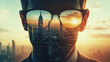 © ZattaVoga - businessman with sunglasses on wearing a suit city background business success sight on future concept
