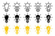 © Sinomly - Lightbulb icon set on a light background. Represents an idea symbol, electric lamp, light, innovation, solution, and creative thinking. Available in outline, flat, and colored styles