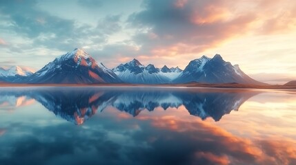 Wall Mural - Exciting beautiful landscape with most breathtaking mountains Vestrahorn on the Stokksnes peninsula in the mirror of the lake at sunset Exotic countries Meditation antistress  concept : Generative AI