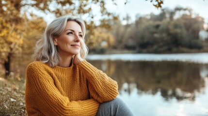 Wall Mural - A woman in a yellow sweater sitting on the grass near water, AI