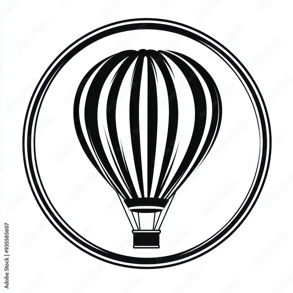 Black and white flat vector art illustration of a hot air balloon in a ...