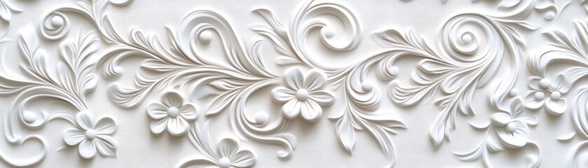 White Floral Relief, 3D Carving, Swirls, Decorative, Elegant, White, Floral