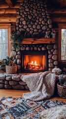 Poster - A fireplace in a log cabin with stone walls and windows, AI