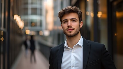 Wall Mural - Portrait of young handsome successful man. A young businessman in an urban environment. copy space for text.